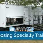 A large, white portable shower trailer