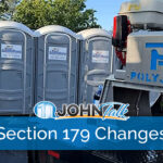 A closeup of a slide-in vacuum unit on a truck with a row of gray portable toilets in the background