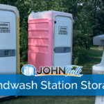 A portable handwash station and two portable toilets, one yellow and white and one pink and white, in a lush, green setting