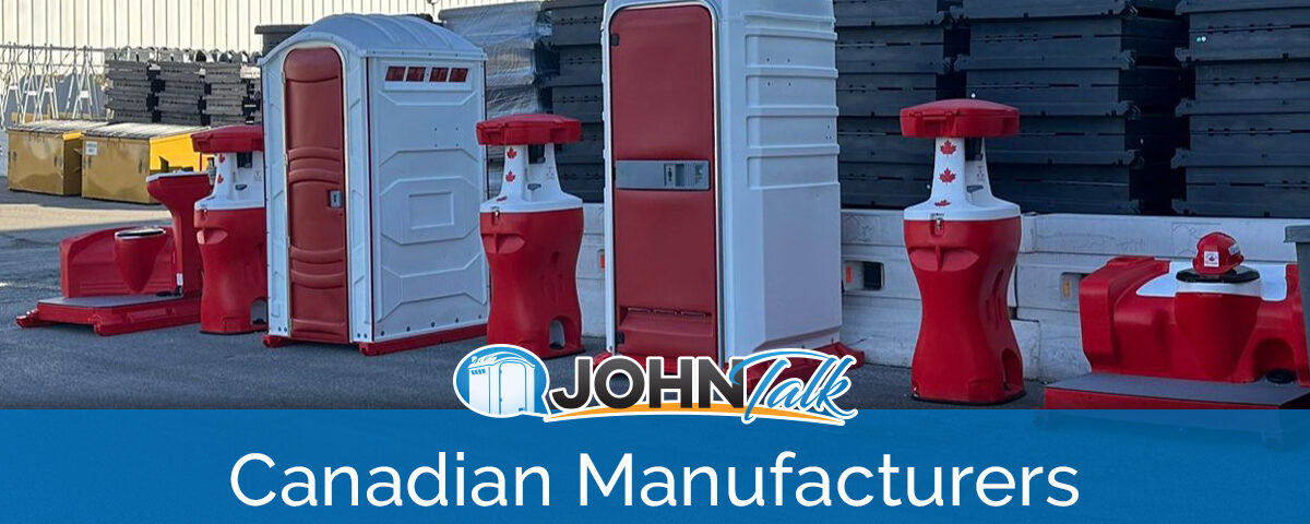 Red and white portable toilets, sinks and tank