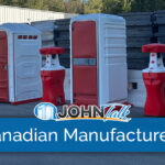 Red and white portable toilets and sinks
