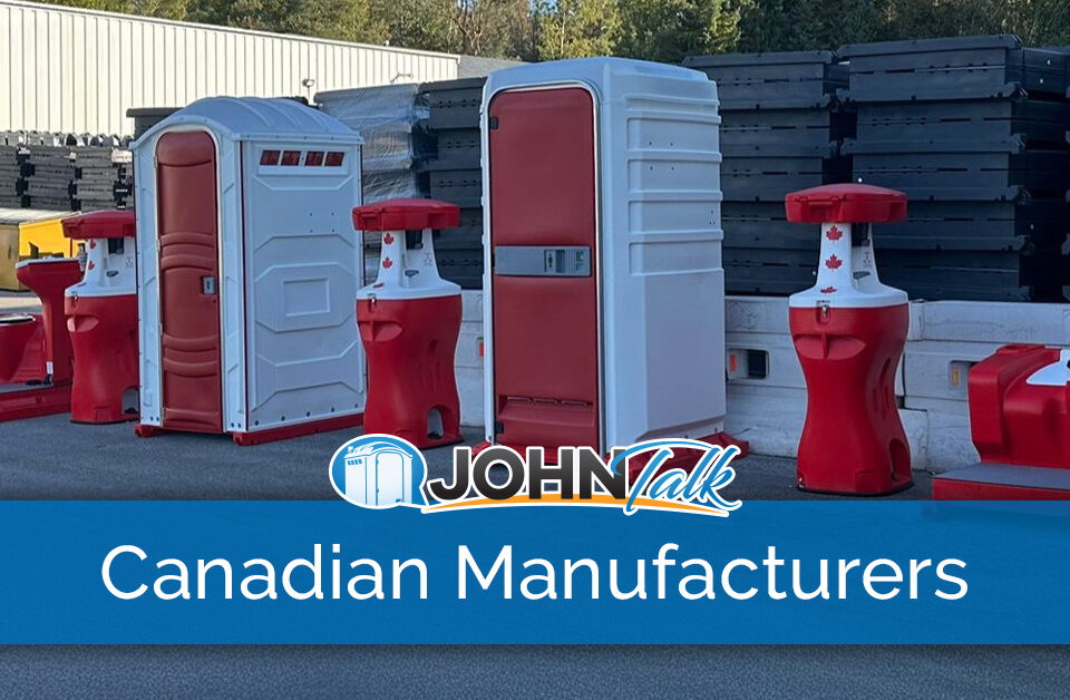 Red and white portable toilets and sinks