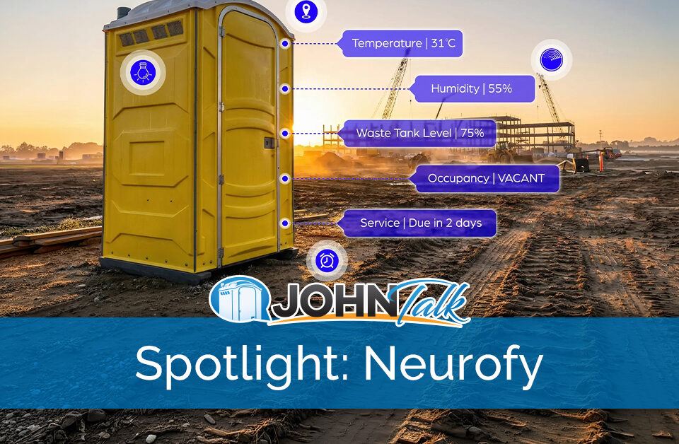 A yellow portable toilet with data labels pointing to it