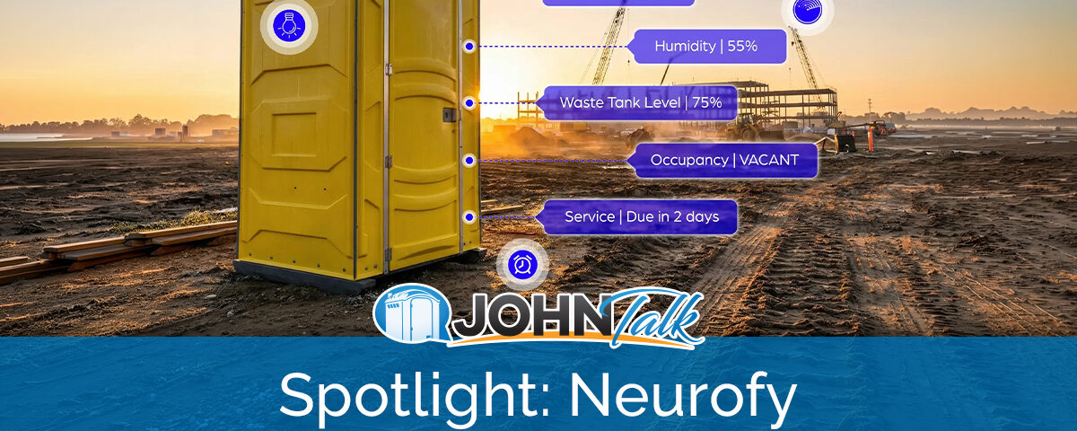 A yellow portable toilet with status information bubbles pointing to it