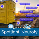 A yellow portable toilet with status information bubbles pointing to it